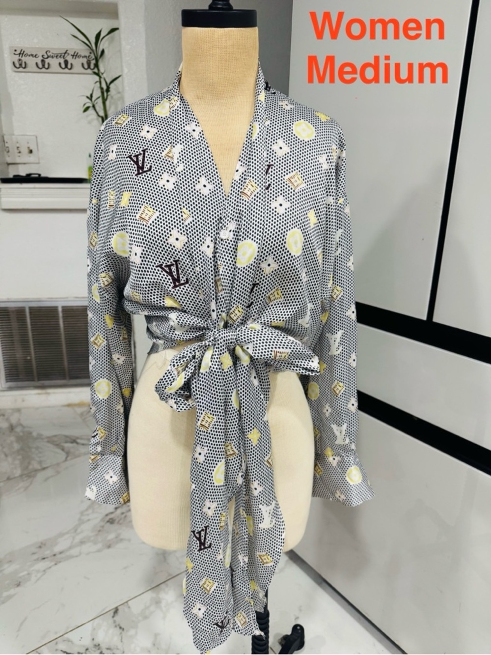 Polka Dot Logo Tie-Front Blouse in Gray and Yellow